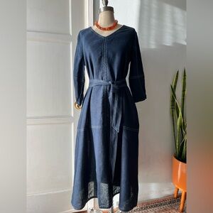 Foil•100% linen Navy Pull On/Tie Waist Dress•Sz 6